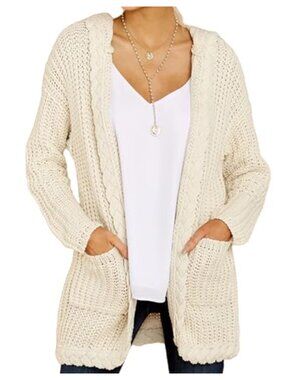 Cable Knit Long Cardigan Hooded Open Front Sweater with Pockets